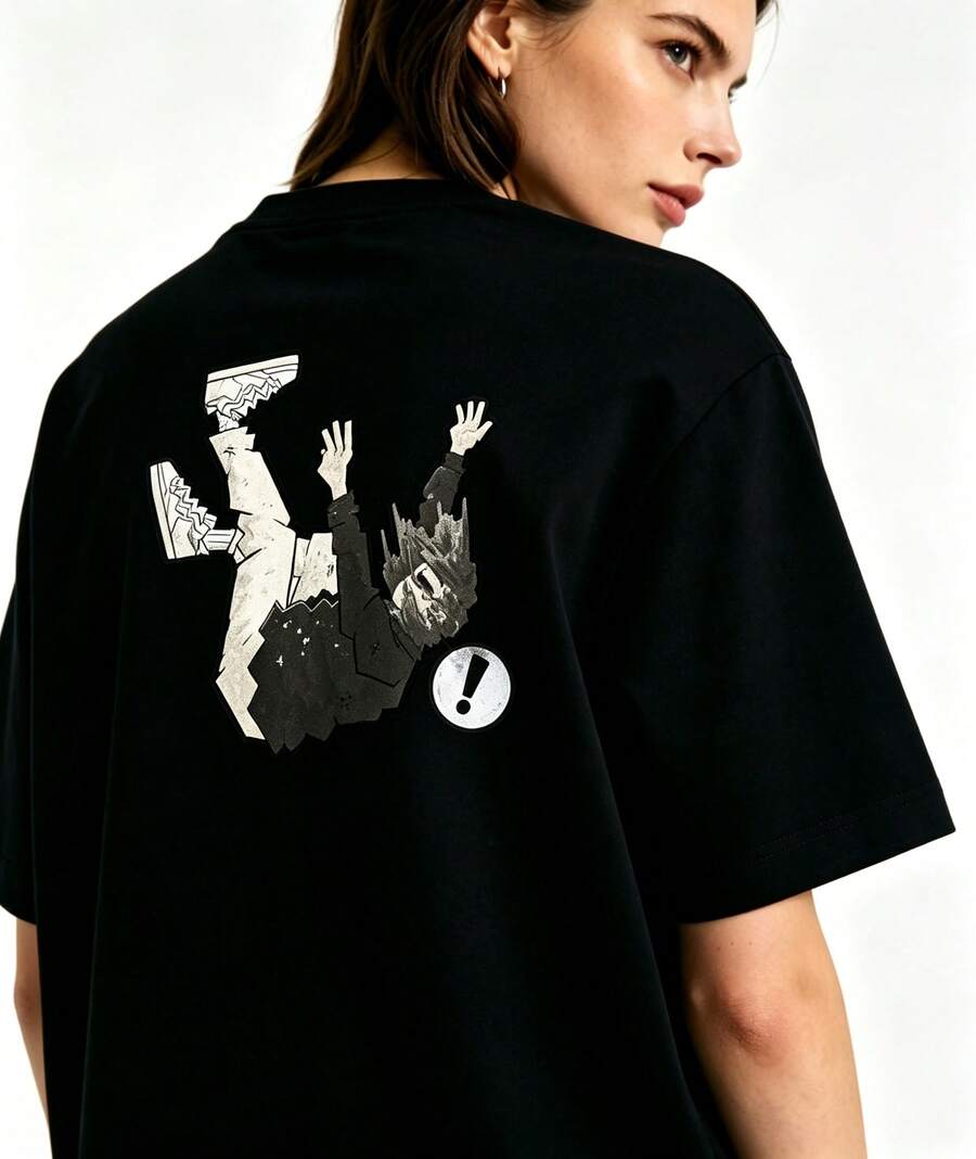 1 Casual T-Shirt, 100% Cotton, Loose Fit, With A Cartoon Exclamation Point Graphic Print On The Back, Perfect For Streetwear, - Black - View 1