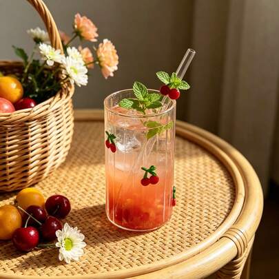 Copo de Vidro com Relevo 3D de Cereja Fofo, Copo de Bebida Transparente com Listras Verticais, Copo para Frutas, Gelo, Café, Suco e Bebidas, Decoração para Casa e Festa