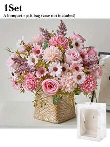 Artificial Flower Bouquet, Including Roses, Daisies, Double-Petal Flowers And Eucalyptus Leaves; Premium Mixed Floral Arrangement, Suitable For Home Decor, Holiday Decoration, Photography Props, Gift Decoration, Autumn Styling And Wedding Display. - Multicolor - View 11