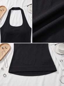 Women's Plus Size Ribbed Halter Neck Tank Top, Open Back Slim Fit Sleeveless Cami, Casual Daily Wear, Lounge & Workout Athletic Tops - Black - View 6