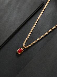 1pc Vintage Twisted Rope Chain Square Red & Blue Crystal Pendant Necklace, Luxury Minimalist Square Rhinestone Collarbone Chain, Versatile Layering Neck Accessory For Daily Commute - Gold + Red Diamond - View 4