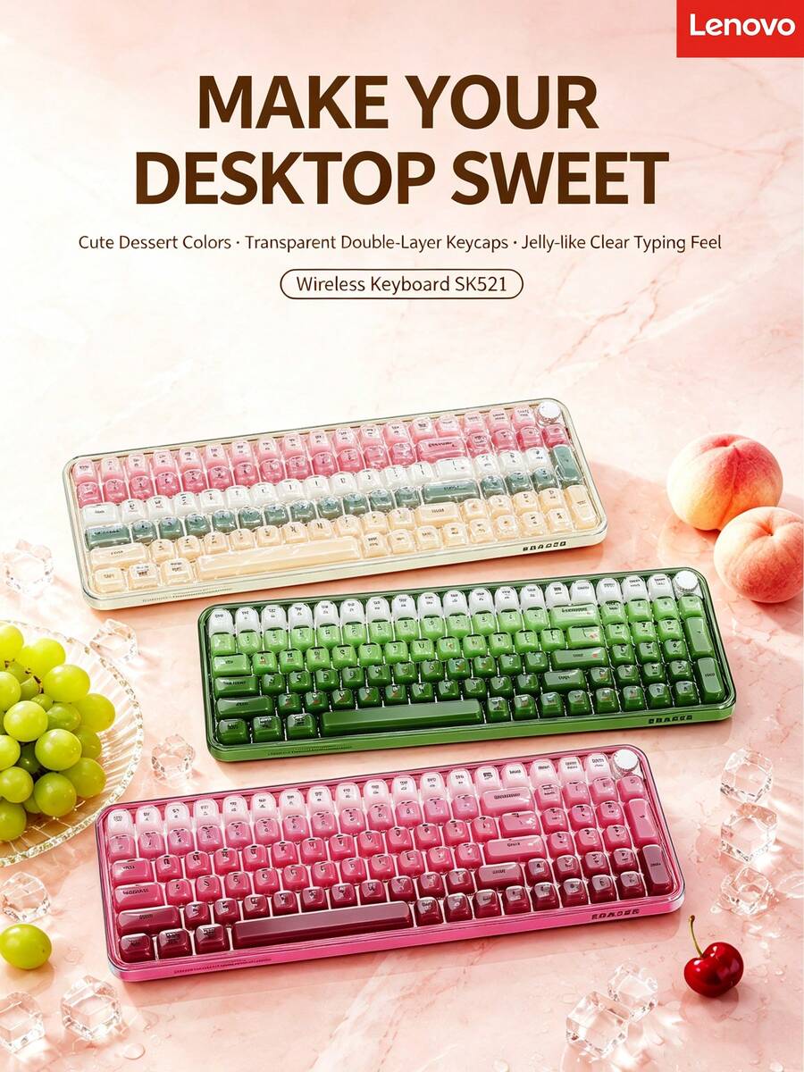 Lenovo Wireless Keyboard, Macaron Multi-Color Gradient Jelly Keyboard, Ergonomic Curved Keycaps, Desktop Keyboard For Office, Dorm, And Home - View 1