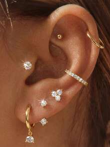 6pcs Elegant Fashion Gold Zirconia Copper Material Stud Earrings, Dangle Earrings, Ear Cuffs Mixed Earrings Set For Women, Suitable For Dating, Party, Ball, Birthday Gift, Daily Wear - Gold - View 1