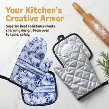 2/4pcs Blue And White Porcelain Print Thickened Kitchen Oven Mitts And Heat-Resistant Pads Set, Microwave Oven Baking Heat-Insulated Gloves, High Temperature Resistant - View 4