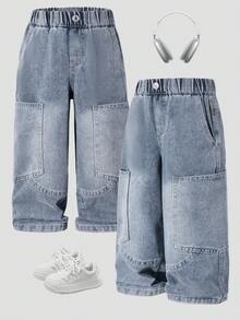 Young Boy Loose Washed Denim Jeans, Suitable For Autumn Casual, School, Outdoor Wear - Blue - View 2