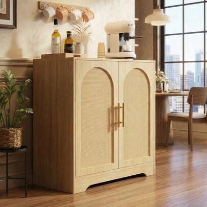 GOCAPTAIN Modern Rattan Sideboard Buffet Cabinet – 2 Woven Doors, Anti-Tip, Storage For Living Room, Dining Room, Kitchen, Coffee Bar, Wine Bar