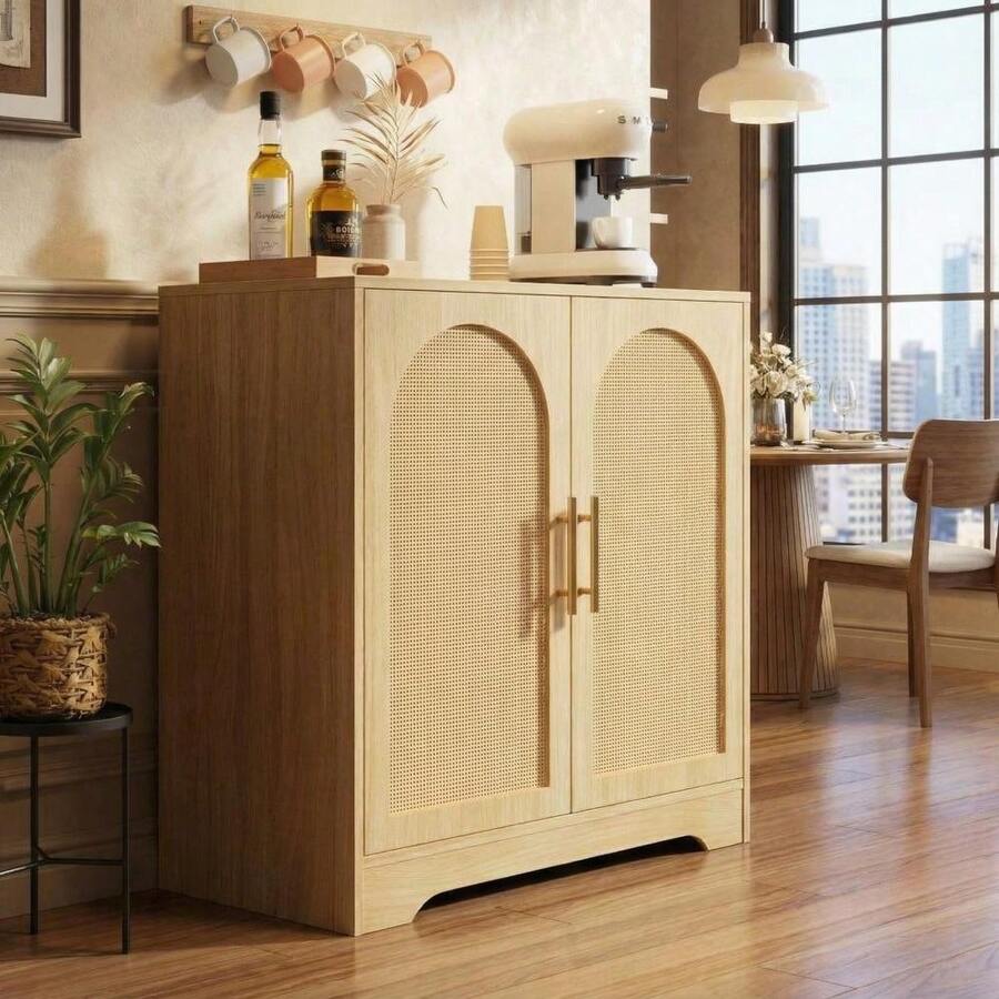 GOCAPTAIN Modern Rattan Sideboard Buffet Cabinet – 2 Woven Doors, Anti-Tip, Storage For Living Room, Dining Room, Kitchen, Coffee Bar, Wine Bar - Wood Color - View 1