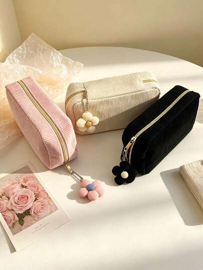 1pc Large Capacity Corduroy Makeup Bag, Floral Charm Minimalist Solid Color Pencil Case, Student Stationery Storage Essential, Multi-Functional Travel Organizer, Y2K Fashion Travel Cosmetic Bag