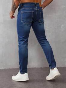 Impala Pantalones Pitillo Elásticos Rotos para Hombre, Dos Colores Azul Claro y Azul Oscuro, Estilo Urbano Desgastado - Azul lavado oscuro - Ver 3
