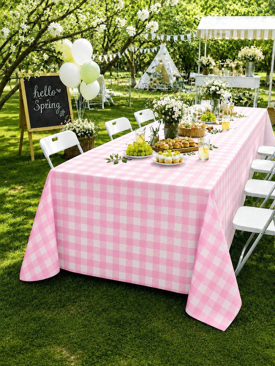 1/3PCS 137*274cm Pink And White Plastic Checkered Tablecloth, Decorative Disposable Pink Check Tablecloth, Perfect For Picnics, Farm Parties, Birthdays, And Weddings - Multicolor - View 1