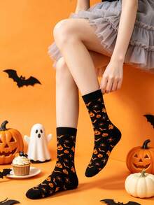 1 Pair Women's Multi-Color Small Bat & Pumpkin Element Soft Comfortable Cute Quirky Fashion Halloween Mid-Calf Socks - Multicolor - View 4