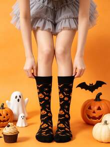 1 Pair Women's Multi-Color Small Bat & Pumpkin Element Soft Comfortable Cute Quirky Fashion Halloween Mid-Calf Socks - Multicolor - View 12