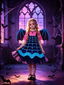 Young Girl Halloween Vampire Little Devil Plaid Mesh Patchwork Dress With Wings, Suitable For Party, Friends Gathering, Birthday Stage Performance - Pink - View 1