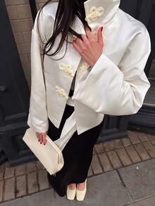 New Chinese Style Retro Satin Jacket Women's Autumn/Winter Stand Collar Top - White - View 3