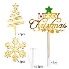 6Pcs/12Pcs/13Pcs/Set Merry Christmas Acrylic Cake Topper Set Gold Xmas Tree Snowflake Cupcake Toppers Winter Holiday Family Party Cake Dessert Decoration Supplies - Multicolor - View 6