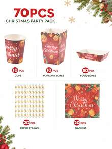 10/24pcs Red Christmas Ball, Pine Branch And Bow Print Paper Tableware Set, Includes Paper Cups, Popcorn Food Boxes, Napkins And Straws, Disposable Paper Tableware Suitable For New Year Celebrations, Family Gatherings, Dessert Events And Seasonal Parties - Multicolor - View 15