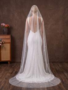 1pc Shiny Rhinestone Embellished Cathedral Length Bridal Veil With Hair Comb, Single Layer Soft Tulle Wedding Photography Accessory - Multicolor - View 3