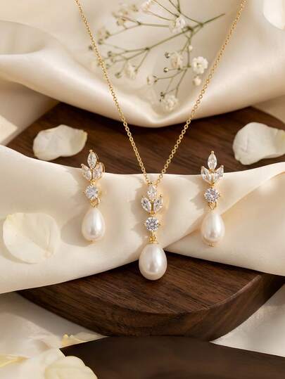 Vintage Gentle Water Drop Pearl Jewelry Set, Luxury Rhinestone Necklace And Earrings For Evening Gown Accessories