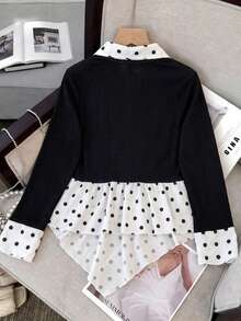 Tween Girls' French Polka Dot Patchwork Top With Collar, Ribbed Texture, Slim Fit And Asymmetrical Hem, Gentle Artistic Style - Black - View 5