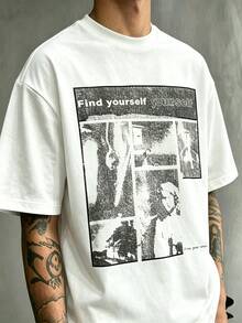 Kaos Lengan Pendek Pria Motif Kolase Panel Komik Vintage Amerika, Potongan Longgar dengan Efek Usang dan Bahu Jatuh Ukuran Besar - Putih - View 2