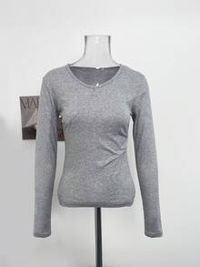 Autumn New V-Neck Cinched Waist Pocket Long Sleeve T-Shirt, Slim Fit Flattering Sexy Top - Grey - View 6