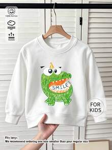 Kids Crew Neck Sweatshirt, Smiling Cartoon Crocodile Print Pure Cotton Pullover, Soft Casual Long Sleeve Top - White - View 1