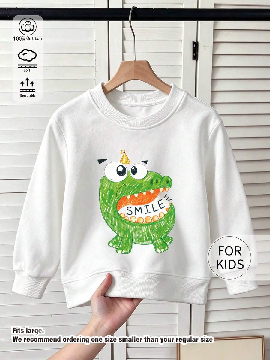 Kids Crew Neck Sweatshirt, Smiling Cartoon Crocodile Print Pure Cotton Pullover, Soft Casual Long Sleeve Top - White - View 1