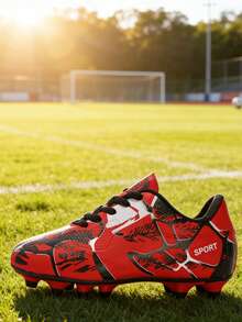 1 Pair Black White Red Gradient Camouflage Pattern Dream Football Cleats, Studded, Fast Anti-Slip, Hook-And-Loop Easy On/Off, Lightweight And Breathable (Asymmetrical Camouflage Pattern And Color On Upper) - Bright Red - View 4