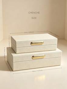 Set Of 2 S & L Size Cream Pebbled PU Leather Jewelry Boxes With Lid, Gold Zinc Alloy Bar Handle, Velvet Lined Rect Accessory Storage Organizer, Modern Luxury Vanity Bedroom Decor Holiday Gift - OFF-white - View 5