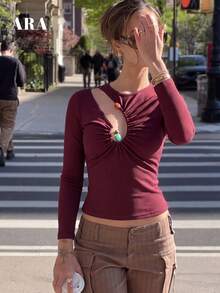 ARA Women Boho Beaded Irregular Cutout Long Sleeve Top, Ribbed Slim Fit Ruched Front Back Hollow Out Cropped Shirt, All Season Vintage Y2K Streetwear - Purple - View 9