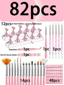 80pcs Pink Series Manicure Tool Kit, 48-Slot Reusable Nail Art Clay, 10 Nail Art Stands + 2 Clear Ba - Pink - View 14