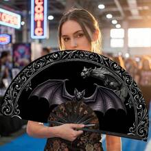 Halloween Gothic Bat Gargoyle Print Folding Hand Fan, Plastic Black Ribs Style 1pc, Dark Mysterious Style Decorative Cooling Fan, Suitable For Theme Parties, Daily Outings And Gothic Style Events - A - View 2