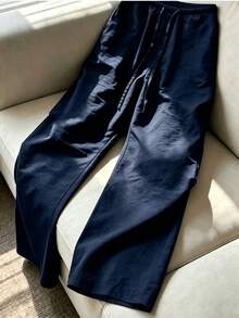 Women's Solid Navy Blue Ice Silk Wide Leg Pants, Suitable For Office, Party And Casual Occasions - Lightweight Design, Machine Washable Easy Care, Simple And Versatile, Suitable For Career Women Year-Round Bottoms - Navy Blue - View 5