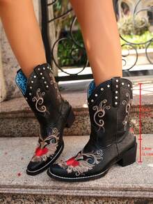 Sepatu Bot Pendek Wanita Gaya Retro Amerika Barat Serbaguna Edisi Terbatas Langka 2026 dengan Bordir Burung, Ujung Lancip, Hak Tebal, Sepatu Bot Berkuda dengan Bordir dan Hak Tebal - Hitam - View 9