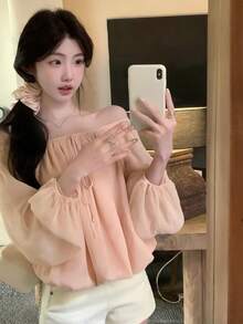 Korean Style Sweet Off-Shoulder Chiffon Blouse, Long Sleeve Women's Top For Early Autumn Pink - Pink - View 2
