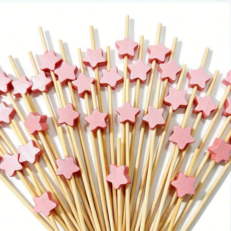 100pcs Rose Gold Star Shaped Cocktail Picks, Bamboo Fruit Appetizer Skewers, Suitable For Wedding Birthday Party Supplies - Pink - View 1