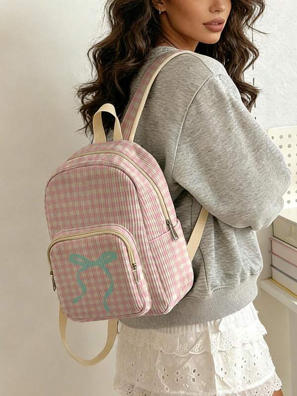 1 Piece Backpack, Women's Mini Backpack, Corduroy Girl School Bag, Travel Storage Bag, Bow Printed Design, Large‑Capacity Foldable Easy‑To‑Store Bag, Lightweight & Pressure‑Relieving, Multi‑Pocket Layered Design With Zipper Closure