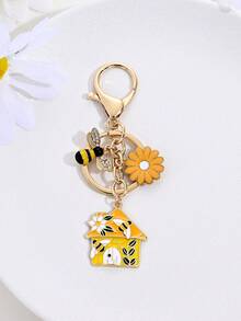 1pc Sweet Cute Vacation Style Enamel House Bee Flower Mushroom Keychain, Bag Decoration, Car Key Pendant, Student Backpack Charm, Souvenir, Gift For Friends - Multicolor - View 3