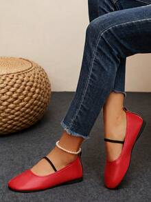 1 Pair Women's Red Elastic Strap Round Toe Flat Ballet Shoes Fashion Design Daily Slip‑On Flat Shoes - Red - View 4