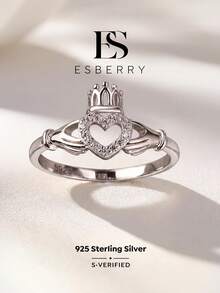ESBERRY 1枚简约优雅心形皇冠锆石戒指，925纯银，精致珠宝，女士礼物 - 戒指 - 查看 2
