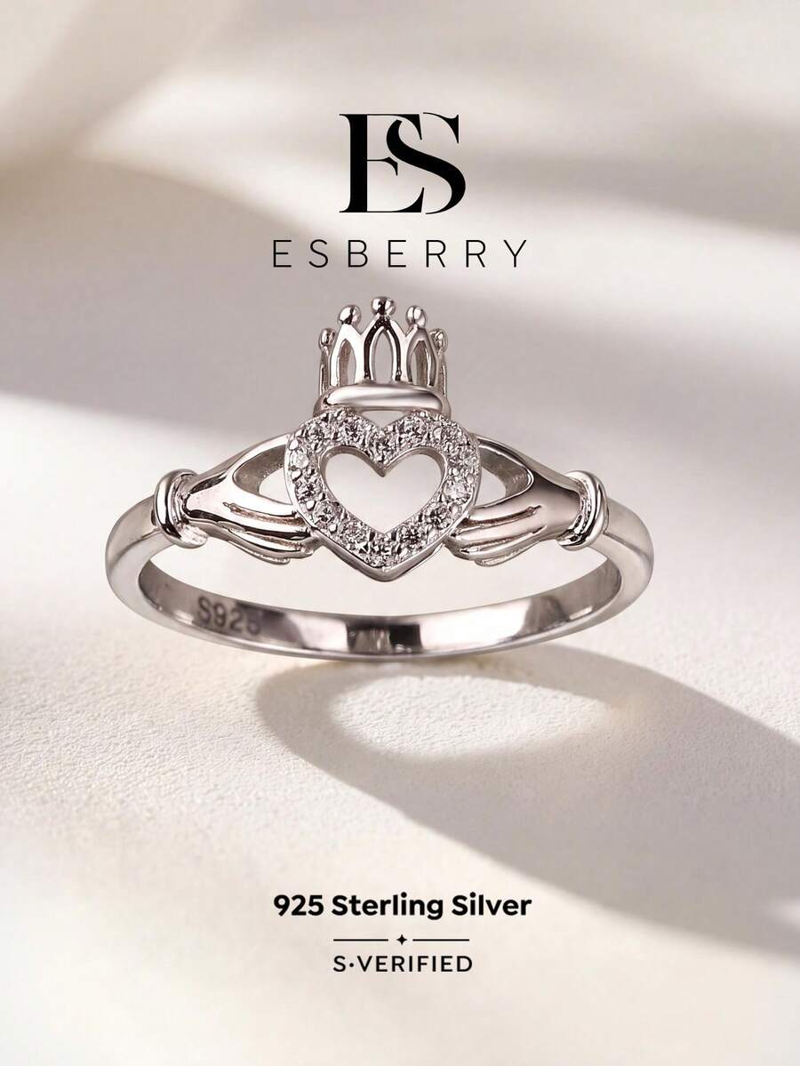 ESBERRY 1枚简约优雅心形皇冠锆石戒指，925纯银，精致珠宝，女士礼物
