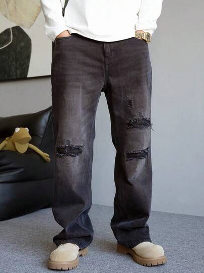Washed Distressed Straight Leg Casual Denim Jeans