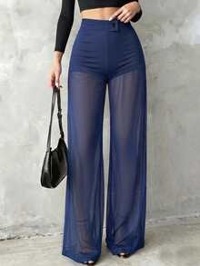 Women's Solid Color Sheer Mesh Casual Elegant High Waist Straight Leg Pants, Suitable For Daily Wear, Commuting, Dating, Gathering - Royal Blue - View 1