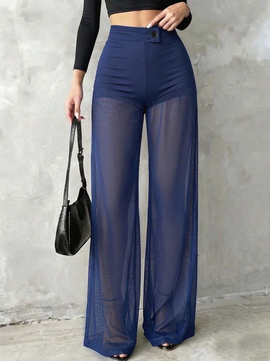 Women's Solid Color Sheer Mesh Casual Elegant High Waist Straight Leg Pants, Suitable For Daily Wear, Commuting, Dating, Gathering - Royal Blue - View 1