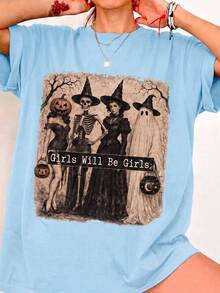 Halloween Girl Gang, Girls Being Girls, Retro Witch Headdress, Ghost Skull, Pumpkin - Blue - View 2