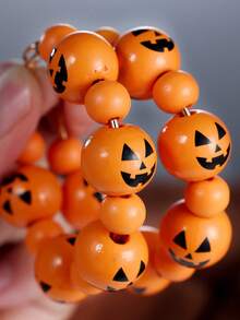 1 Pair European & American Style Pumpkin Smiling Face Round Bead Large Hoop Earrings, Halloween Theme Beaded Earrings - Orange - View 5