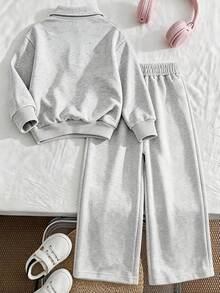 Girls' Bowknot Print Gray Zipper Hoodie And Wide Leg Pants 2 Pieces Set, Minimalist Design, Suitable For Spring, Autumn And Winter Wear, Comfortable And Relaxed - Grey - View 4