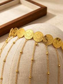 1Pc Vintage Gold Multi‑Layer Tassel Headband, Embossed Coin Bead Long Dangle Chain Hair Ornament For Wedding Banquet - Gold - View 5