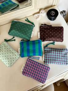 Cotton Zipper Storage Pouch, Plaid & Polka Dots Cosmetic Bag, Portable Travel Organizer Bag For Cables, Earbuds, Chargers, Makeup Small Accessories - Multicolor - View 2