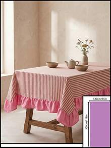 1pc White Base Red Striped Pink Ruffle Edge Tablecloth, Fresh Natural Style Fabric Rectangular Pink Ruffle Edge Patchwork Detail Decorative Functional Dining Tablecloth Suitable For Daily Home Dining And Fresh Home Decor Scenes - Red - View 11